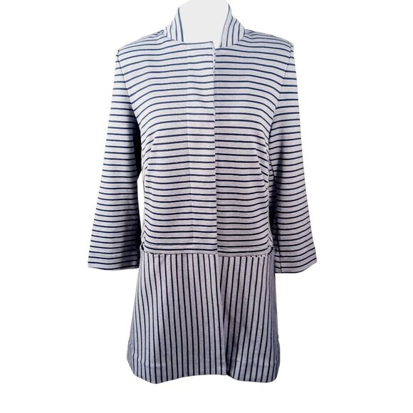 cabi Jackets & Blazers - cabi,  Striped Car Coat, Long Jacket, Navy & Gray, Small , Hidden Button Closure